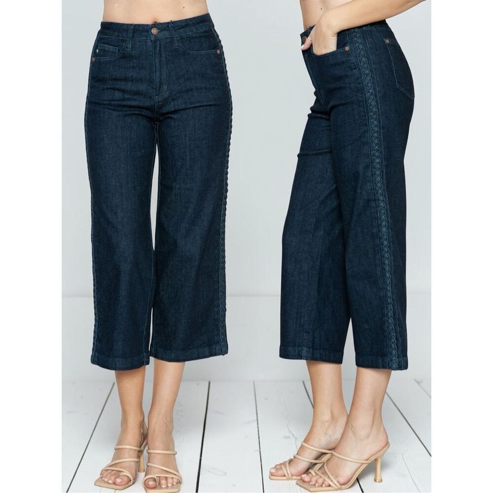 Judy Blue Braided Side Seam Cropped Wide Leg Jeans Dark Wash Stretch Denim NWT - Picture 2 of 16